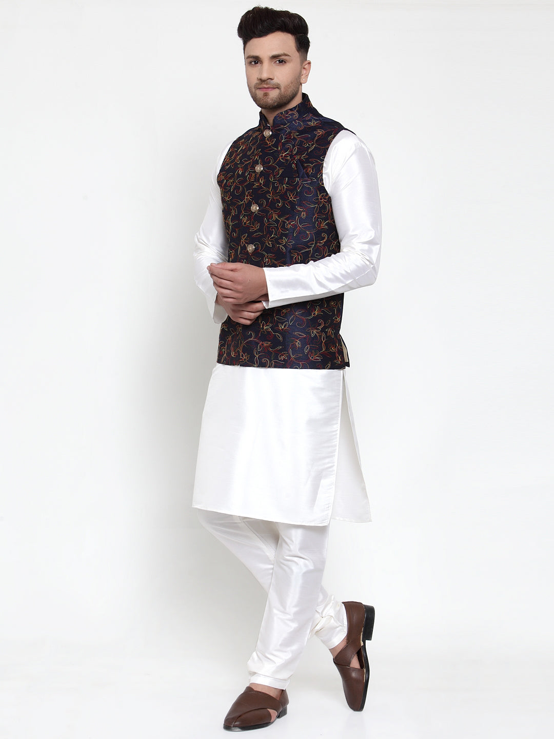 Men's Solid Dupion Kurta Pajama with Woven Nehru Jacket ( JOKPWC OW-D 4013Navy ) - Virat Fashions