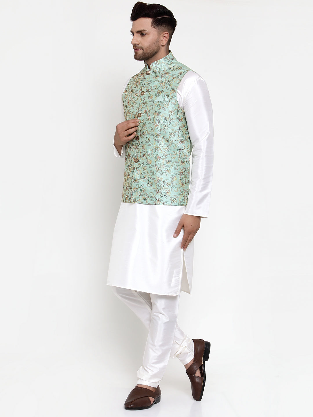 Men's Solid Dupion Kurta Pajama with Woven Nehru Jacket ( JOKPWC OW-D 4013Sky ) - Virat Fashions