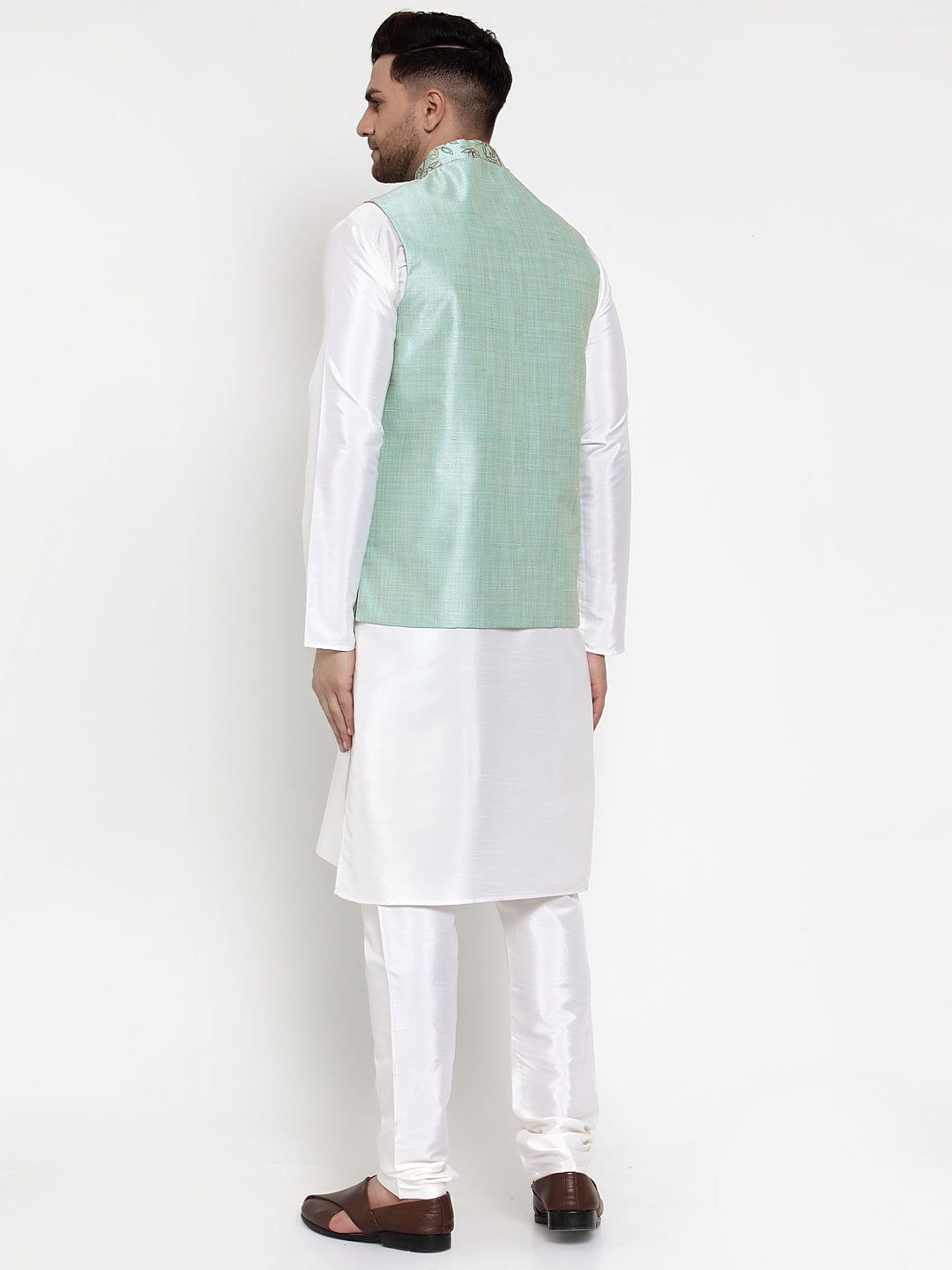 Men's Solid Dupion Kurta Pajama with Woven Nehru Jacket ( JOKPWC OW-D 4013Sky ) - Virat Fashions