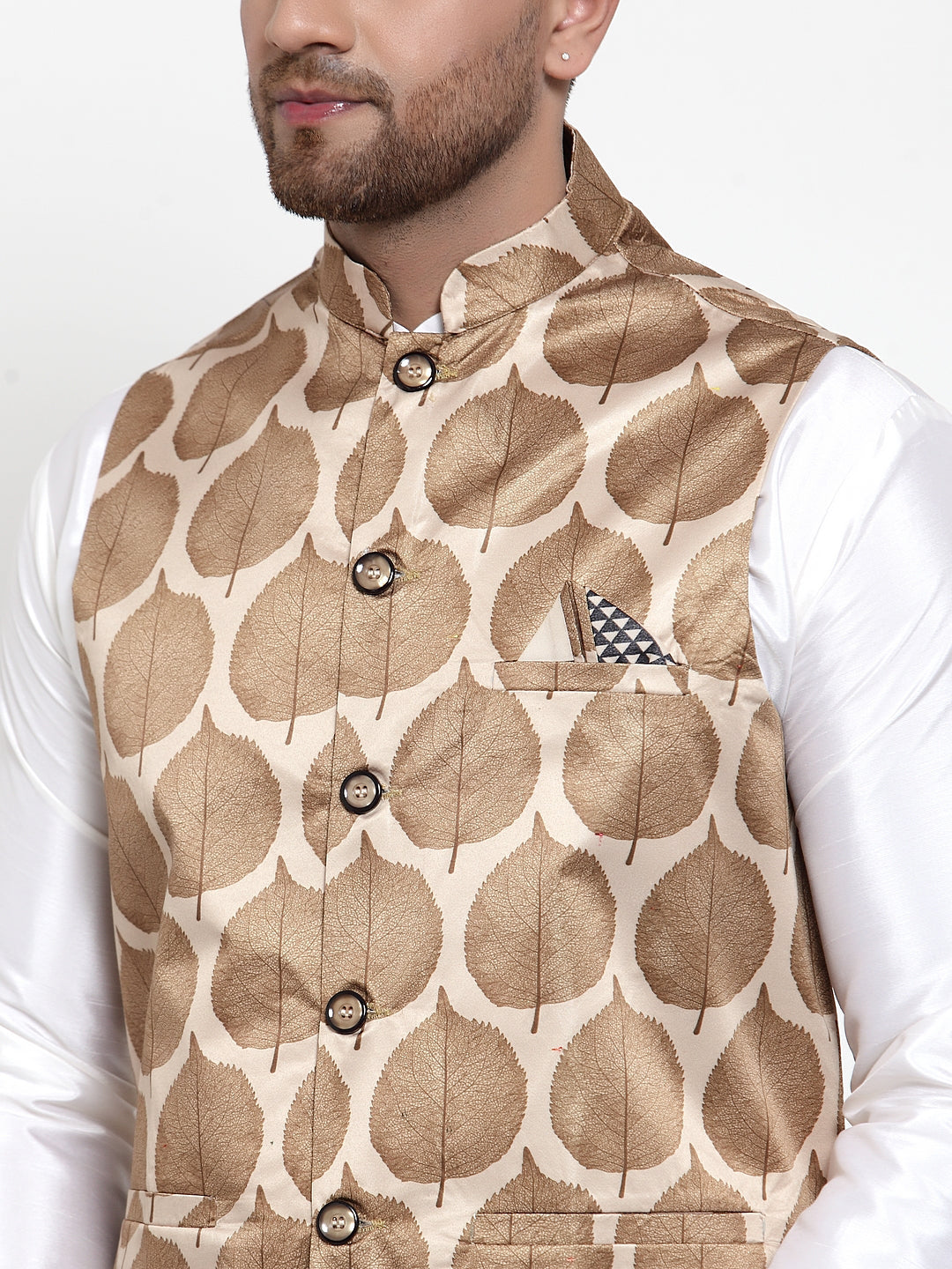 Men's Solid Dupion Kurta Pajama with Printed Nehru Jacket ( JOKPWC OW-D 4014Brown ) - Virat Fashions