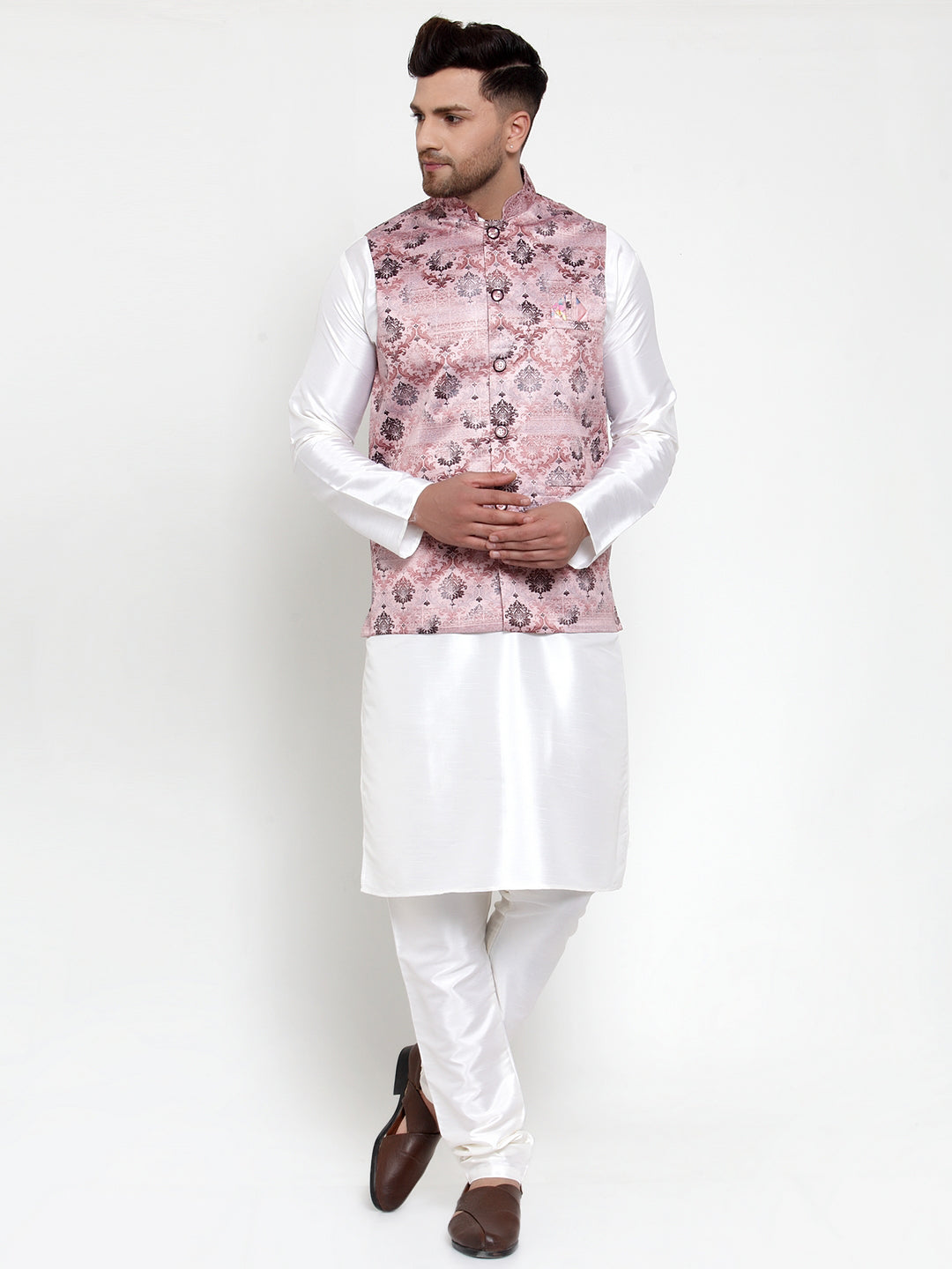Men's Solid Dupion Kurta Pajama with Printed Nehru Jacket ( JOKPWC OW-D 4014Pink ) - Virat Fashions