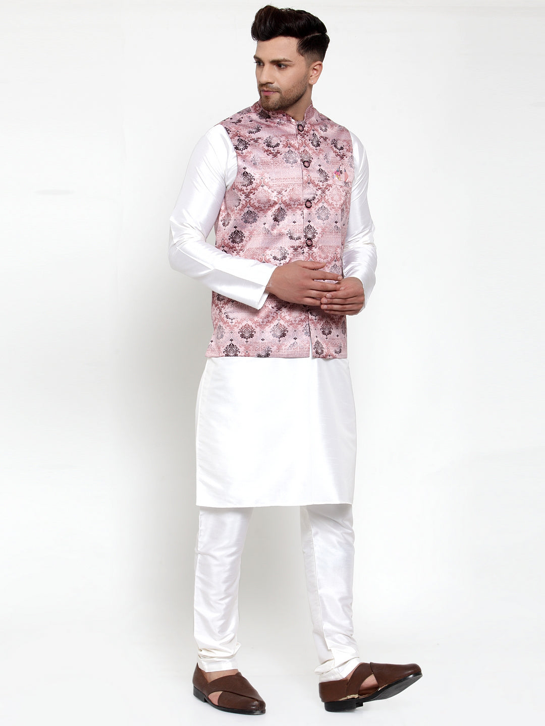Men's Solid Dupion Kurta Pajama with Printed Nehru Jacket ( JOKPWC OW-D 4014Pink ) - Virat Fashions