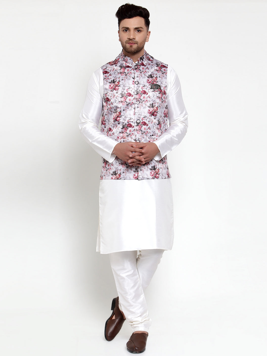 Men's Solid Dupion Kurta Pajama with Printed Nehru Jacket ( JOKPWC OW-D 4014Silver ) - Virat Fashions