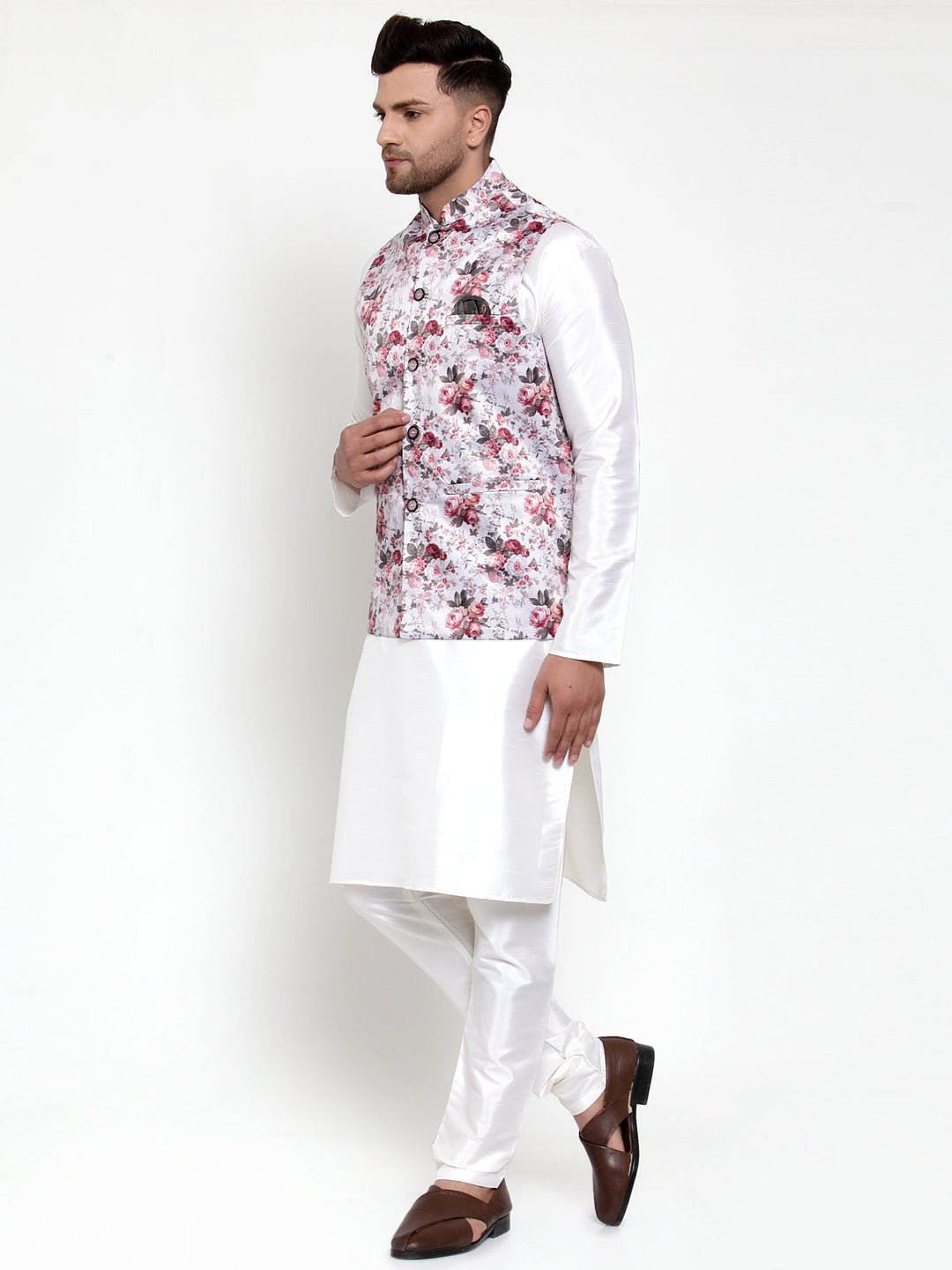 Men's Solid Dupion Kurta Pajama with Printed Nehru Jacket ( JOKPWC OW-D 4014Silver ) - Virat Fashions