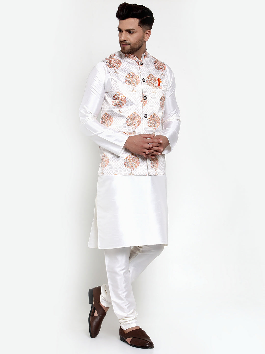 Men's Solid Dupion Kurta Pajama with Printed Nehru Jacket ( JOKPWC OW-D 4014White ) - Virat Fashions