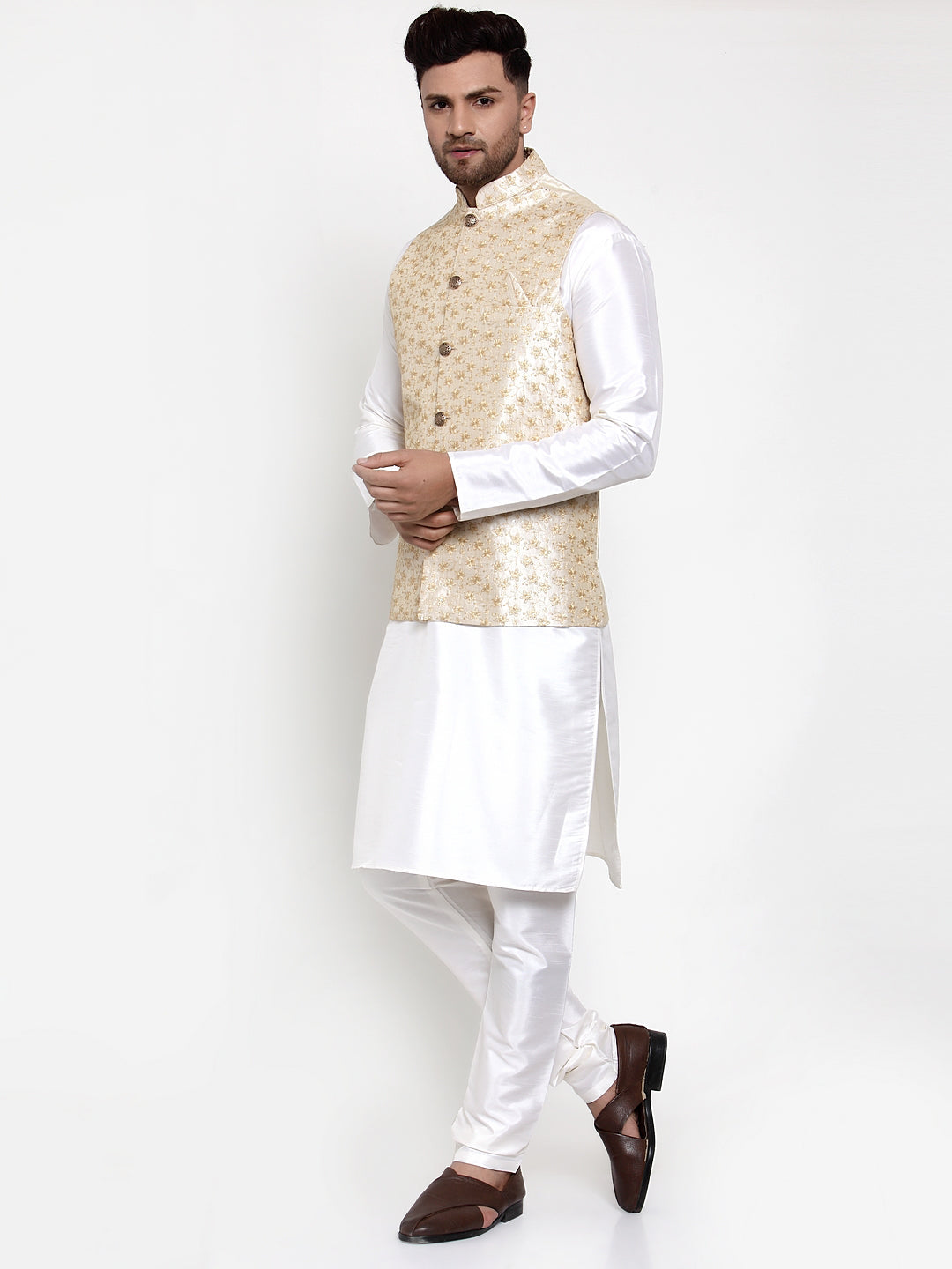Men's Solid Dupion Kurta Pajama with Embroidered Nehru Jacket ( JOKPWC OW-D 4015Cream ) - Virat Fashions