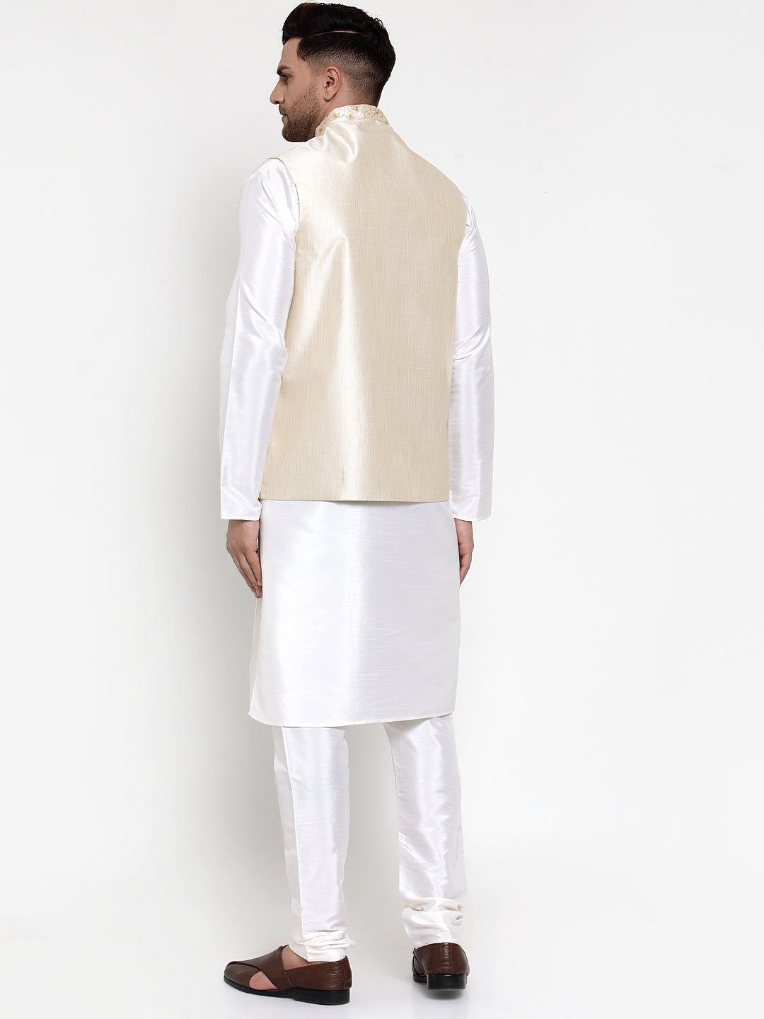 Men's Solid Dupion Kurta Pajama with Embroidered Nehru Jacket ( JOKPWC OW-D 4015Cream ) - Virat Fashions