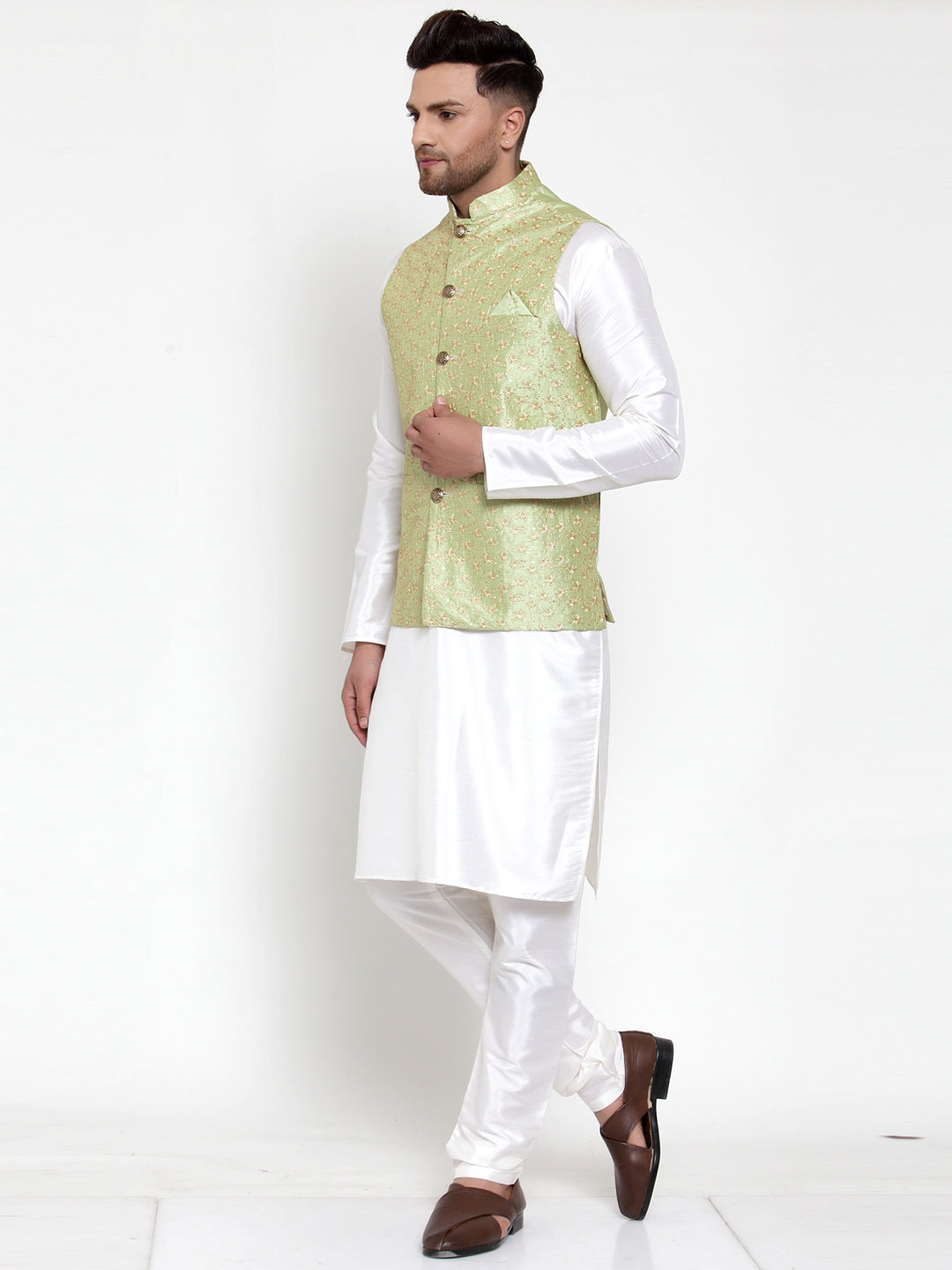 Men's Solid Dupion Kurta Pajama with Embroidered Nehru Jacket ( JOKPWC OW-D 4015Green ) - Virat Fashions