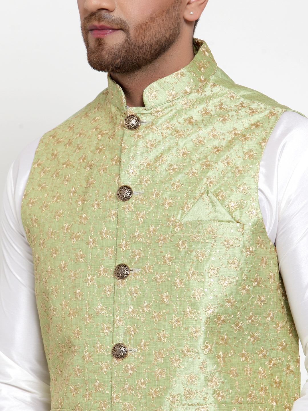Men's Solid Dupion Kurta Pajama with Embroidered Nehru Jacket ( JOKPWC OW-D 4015Green ) - Virat Fashions