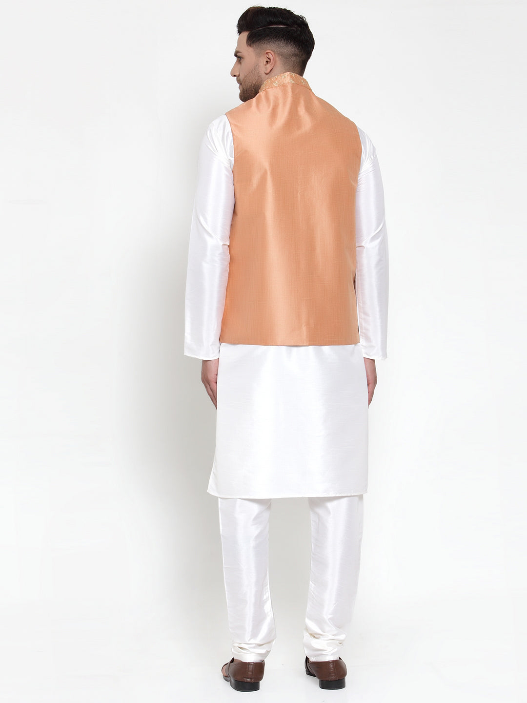 Men's Solid Dupion Kurta Pajama with Embroidered Nehru Jacket ( JOKPWC OW-D 4015Peach ) - Virat Fashions