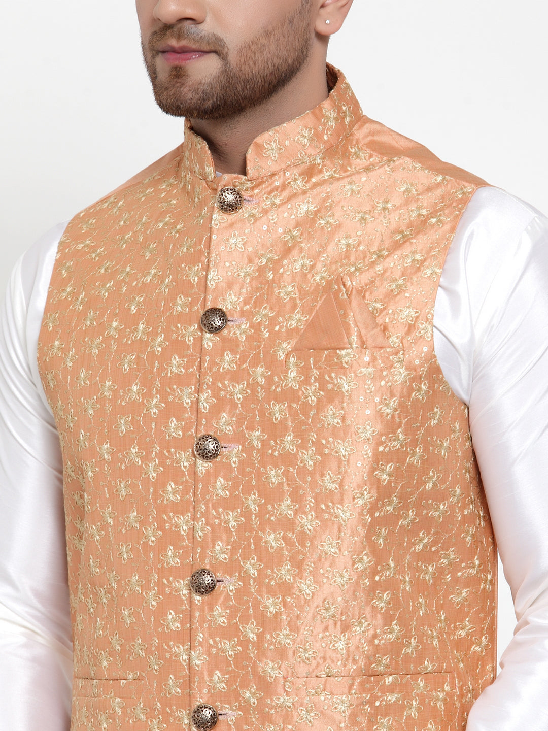 Men's Solid Dupion Kurta Pajama with Embroidered Nehru Jacket ( JOKPWC OW-D 4015Peach ) - Virat Fashions