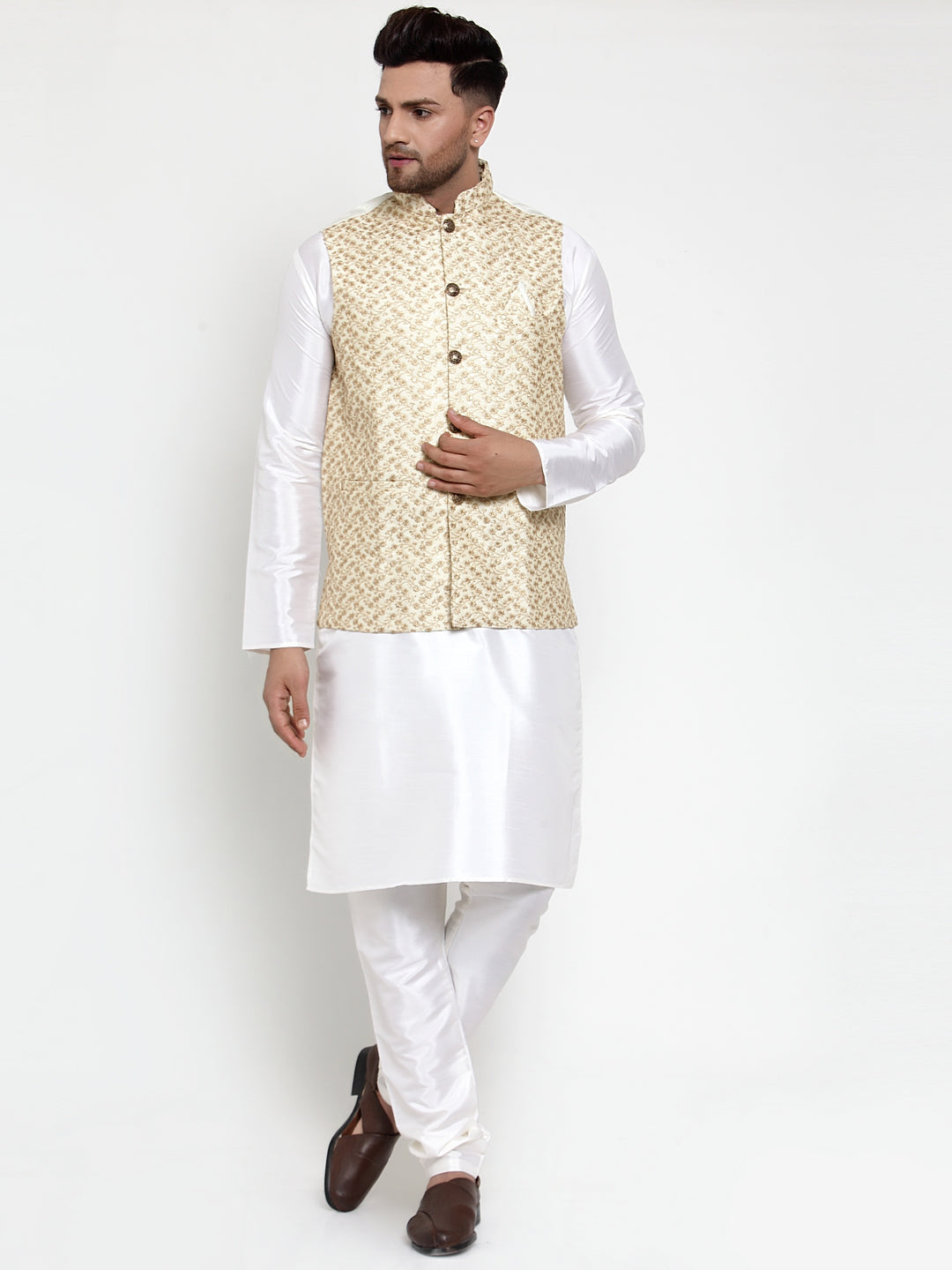 Men's Solid Dupion Kurta Pajama with Embroidered Nehru Jacket ( JOKPWC OW-D 4016Cream ) - Virat Fashions