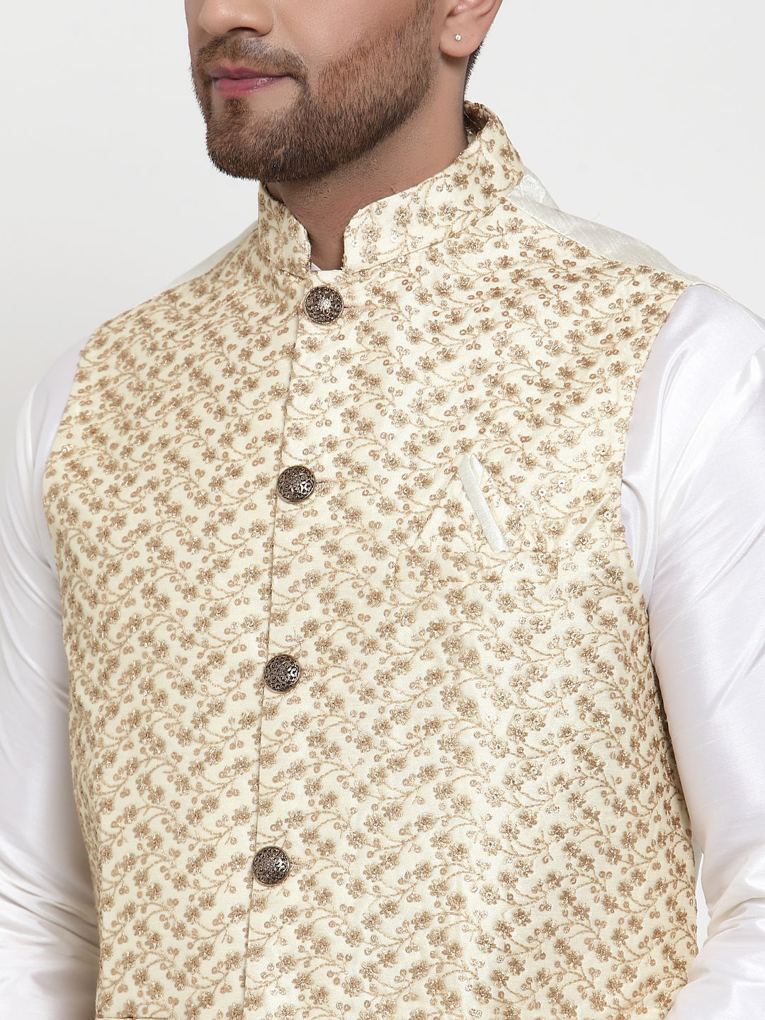 Men's Solid Dupion Kurta Pajama with Embroidered Nehru Jacket ( JOKPWC OW-D 4016Cream ) - Virat Fashions