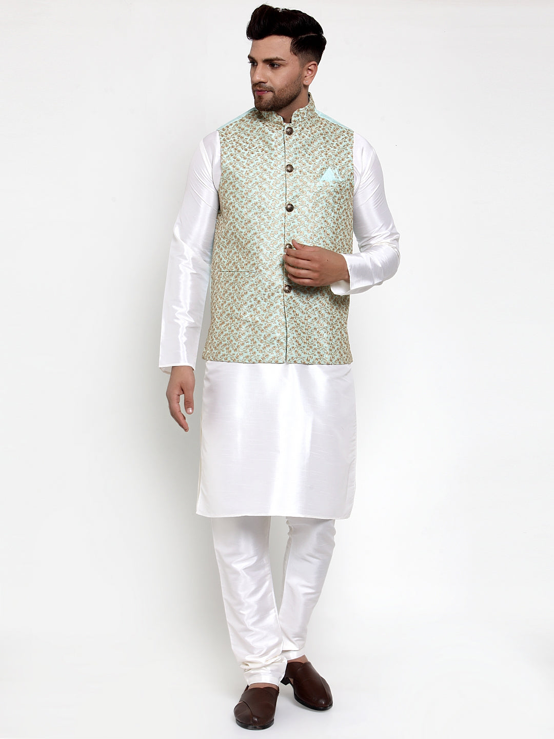 Men's Solid Dupion Kurta Pajama with Embroidered Nehru Jacket ( JOKPWC OW-D 4016Sky ) - Virat Fashions