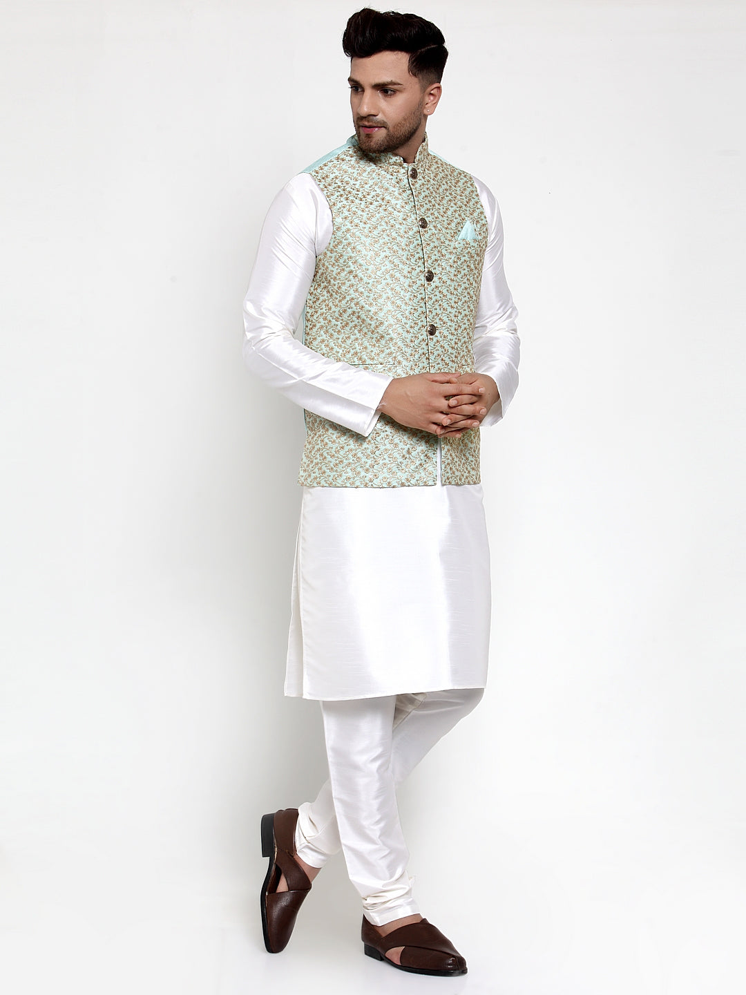Men's Solid Dupion Kurta Pajama with Embroidered Nehru Jacket ( JOKPWC OW-D 4016Sky ) - Virat Fashions