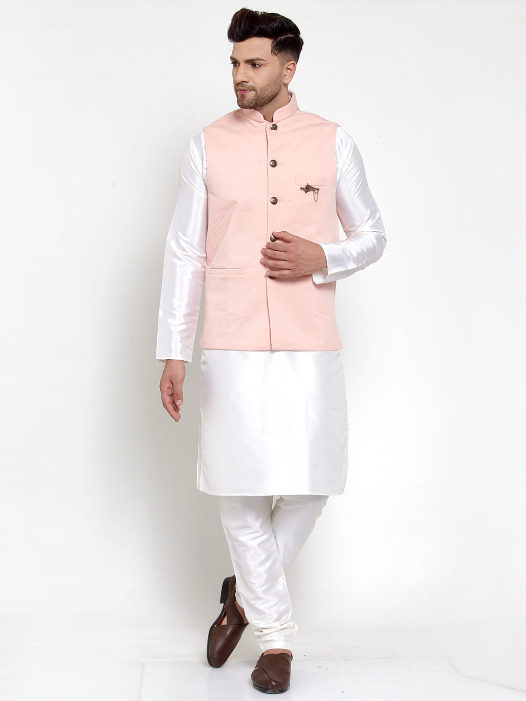 Men's Solid Dupion Kurta Pajama with Woven Nehru Jacket ( JOKPWC OW-D 4019 Peach ) - Virat Fashions
