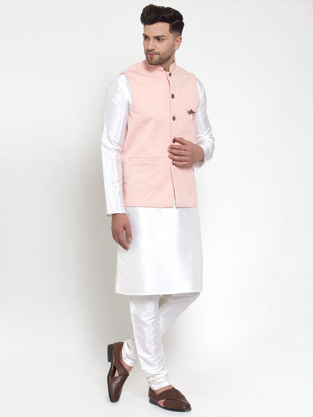 Men's Solid Dupion Kurta Pajama with Woven Nehru Jacket ( JOKPWC OW-D 4019 Peach ) - Virat Fashions