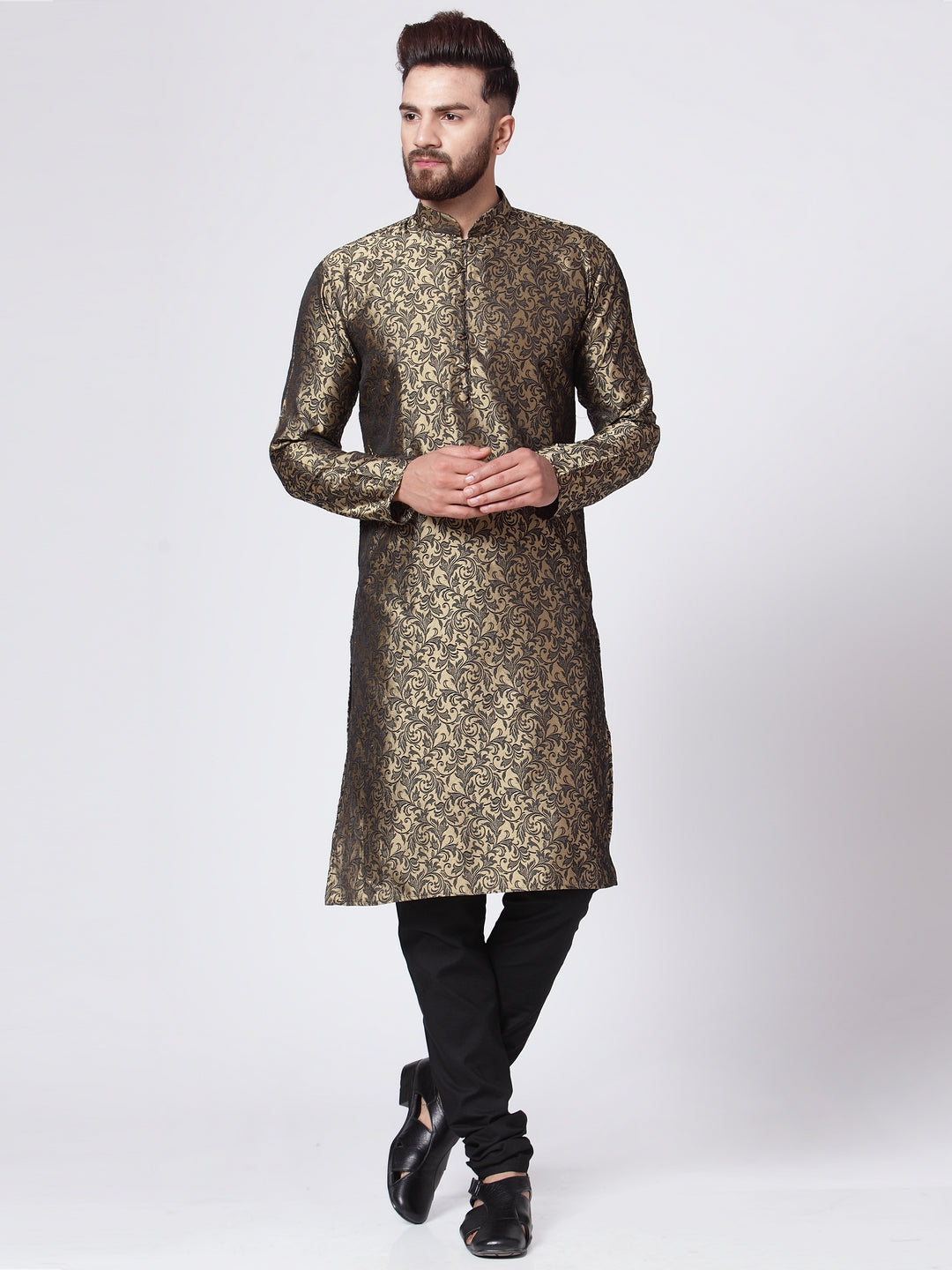 Men's Golden & Black Self Design Kurta With Churidar - Virat Fashions