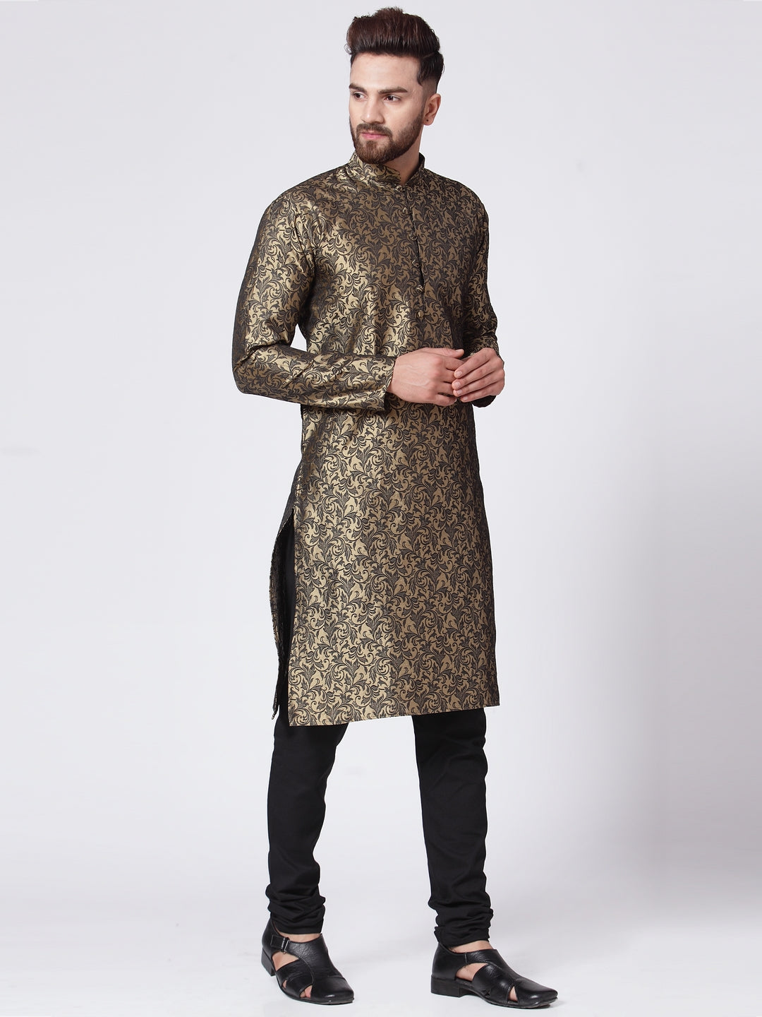 Men's Golden & Black Self Design Kurta With Churidar - Virat Fashions
