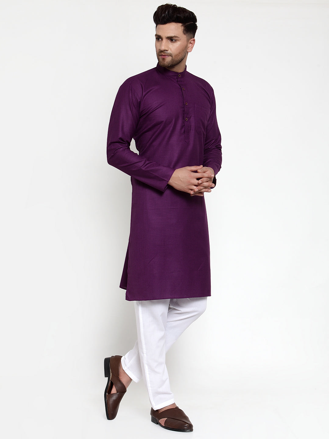 Men's Purple & White Solid Kurta With Churidar ( Jokp 532 Purple ) - Virat Fashions