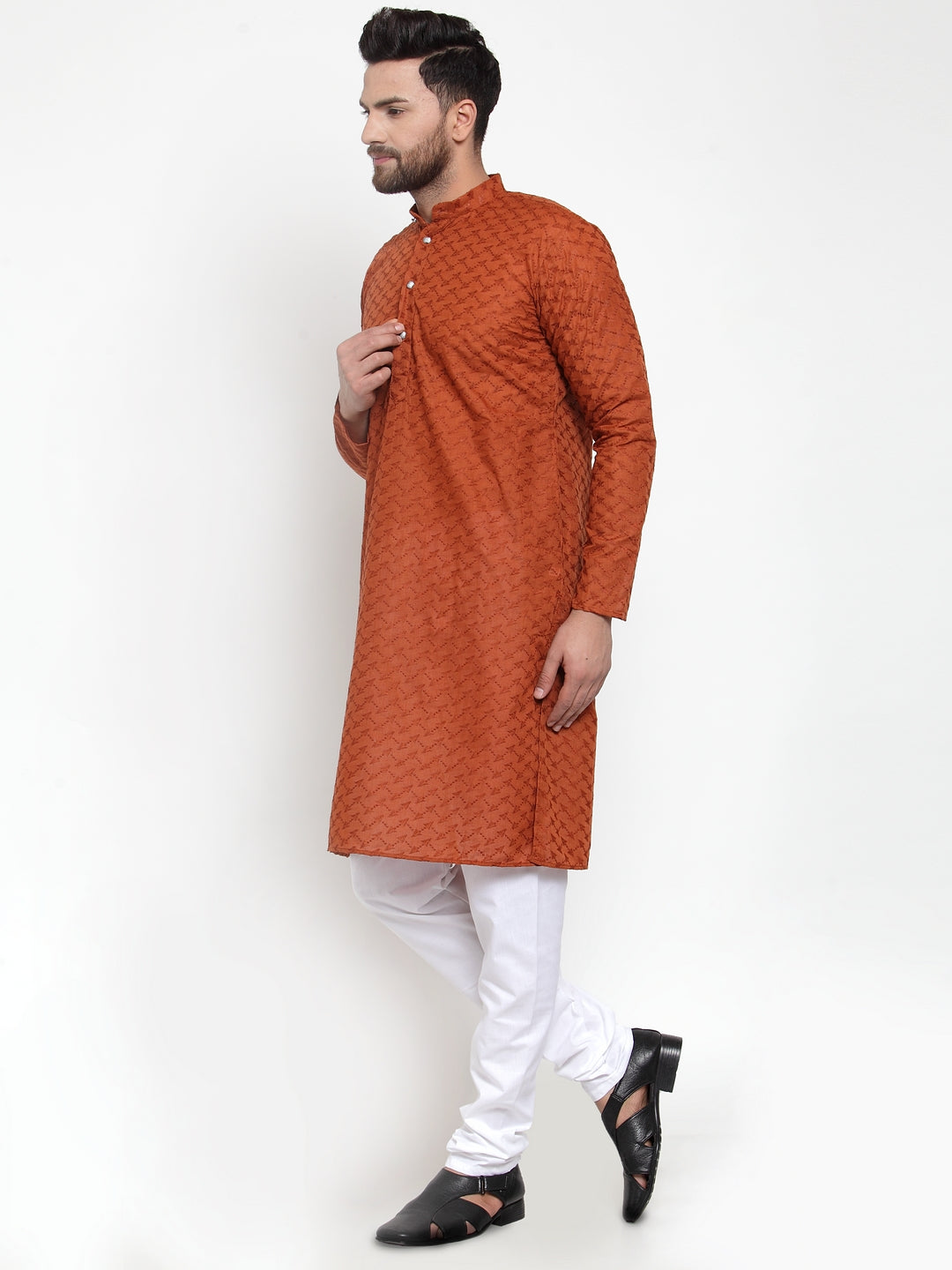 Men's Brown Chikan Kurta With Churidar ( Jokp 561 Brown ) - Virat Fashions