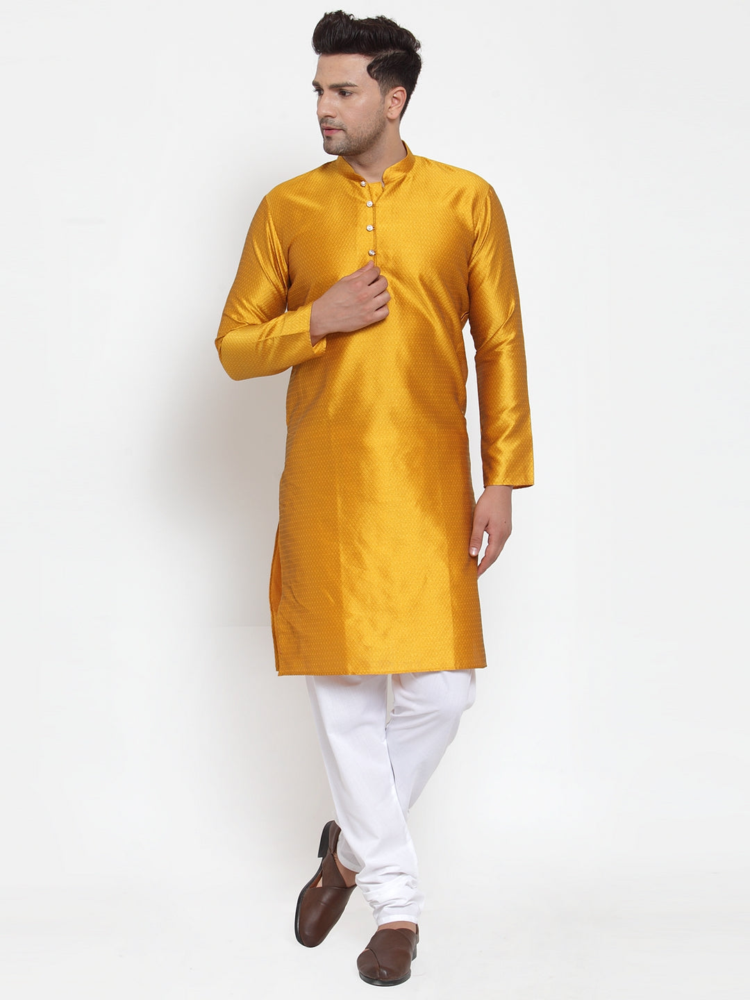 Men's Yellow Jacquard Kurta Only  ( KO 589 Yellow ) - Virat Fashions