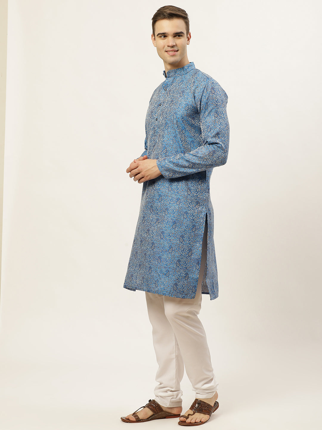 Men's Blue Printed Jacquard Kurta Payjama Sets ( JOKP 595 Blue ) - Virat Fashions
