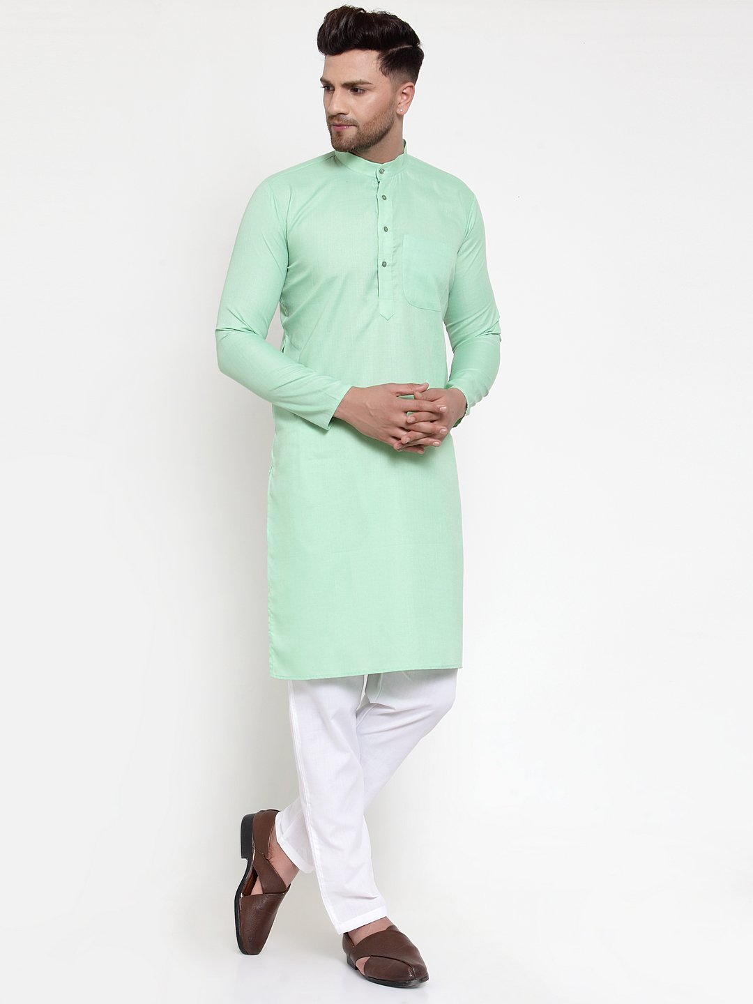 Men's Green & White Solid Kurta Only ( KO 611 Green ) - Virat Fashions