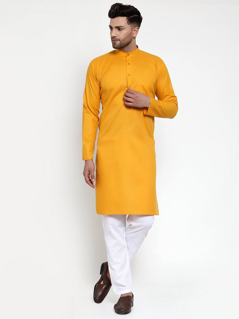 Men's Mustard Yellow & White Solid Kurta Only ( KO 611 Mustard )