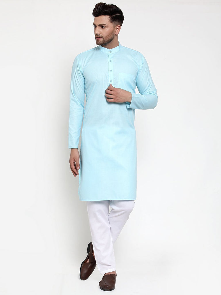 Men's Sky-Blue & White Solid Kurta Only ( KO 611 Sky )