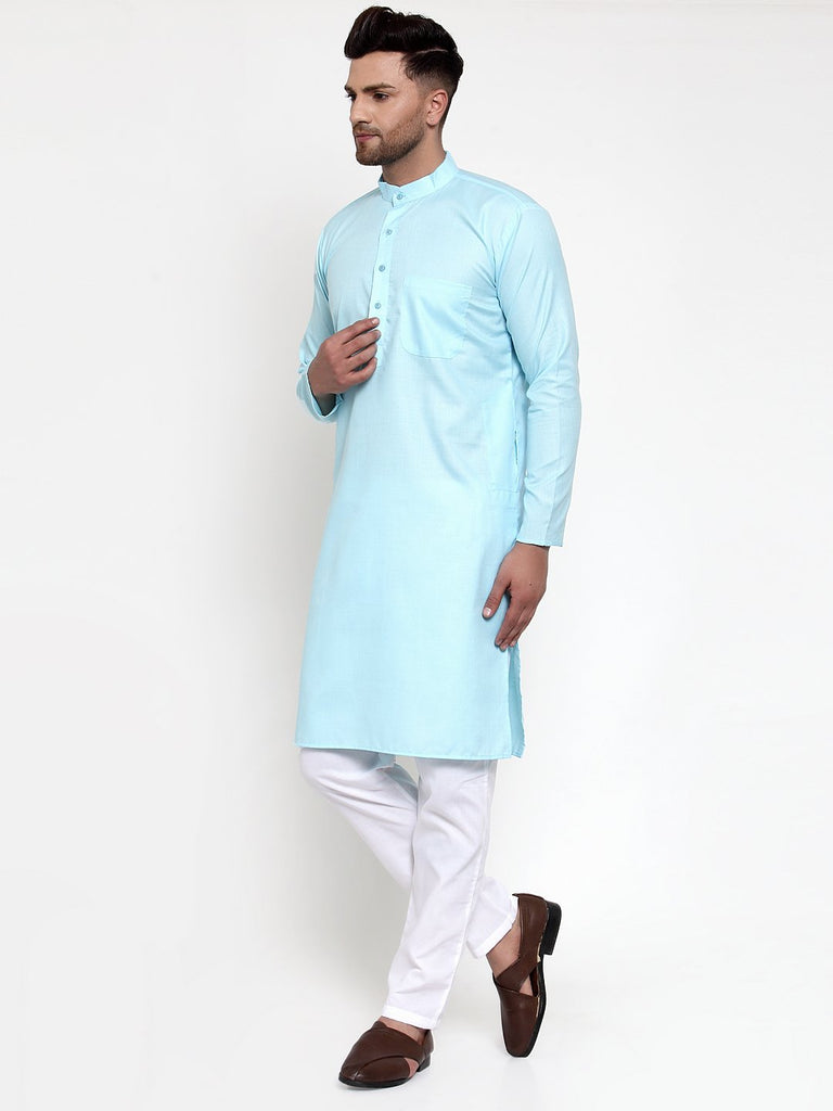 Men's Sky-Blue & White Solid Kurta Only ( KO 611 Sky )