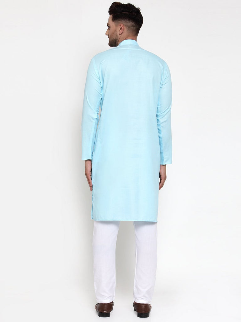 Men's Sky-Blue & White Solid Kurta Only ( KO 611 Sky )