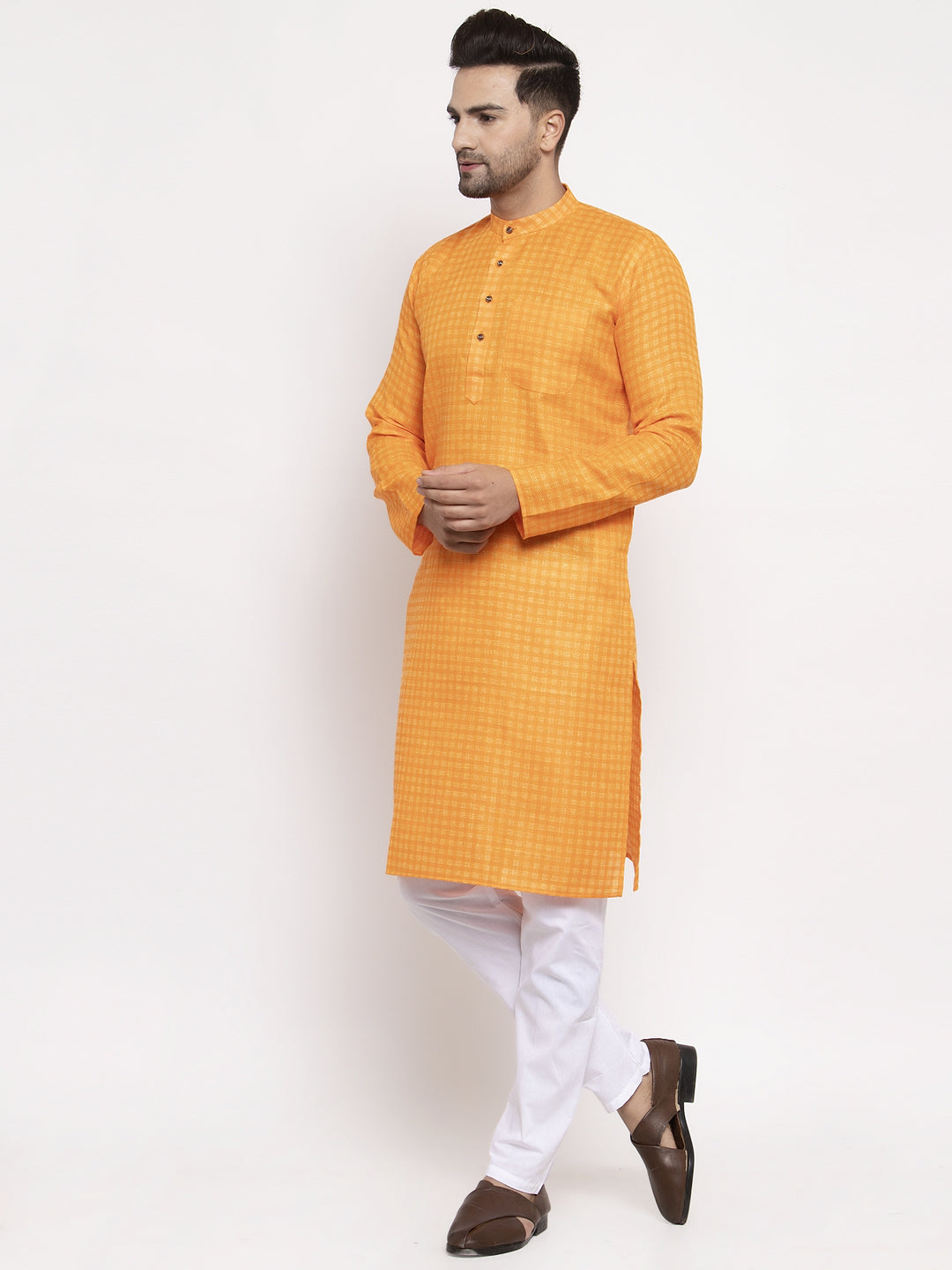 Men's Yellow Woven Kurta Payjama Sets ( JOKP 622 Yellow ) - Virat Fashions