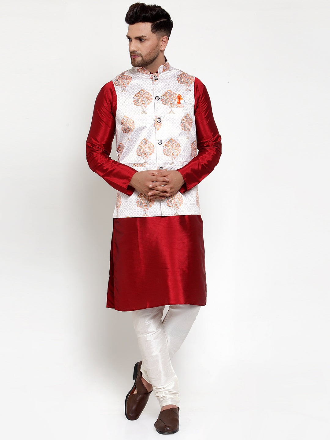 Men's White Printed Nehru Jacket ( JOWC 4014White ) - Virat Fashions