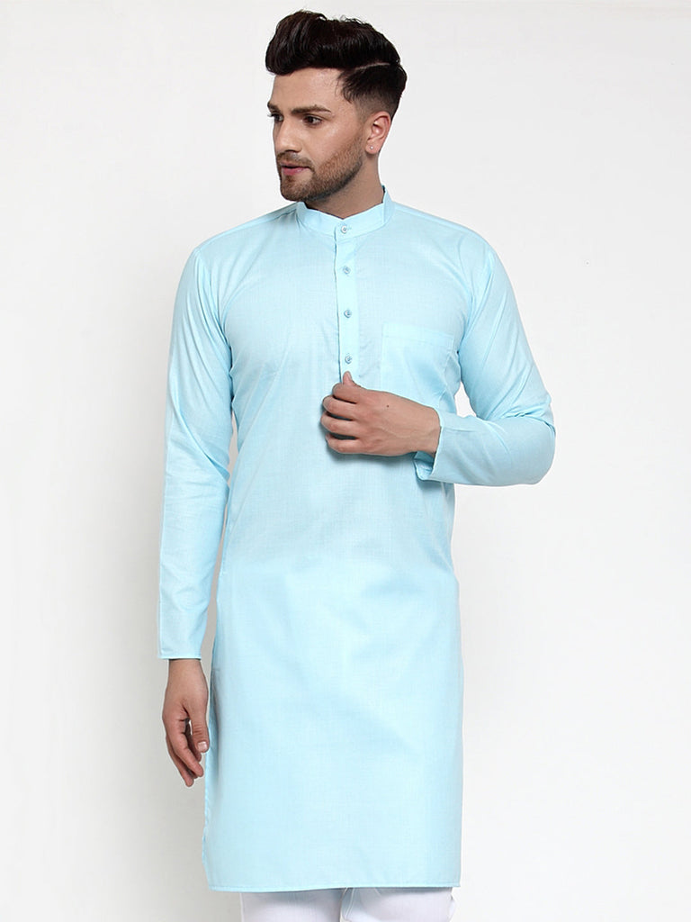 Men's Sky-Blue & White Solid Kurta Only ( KO 611 Sky )