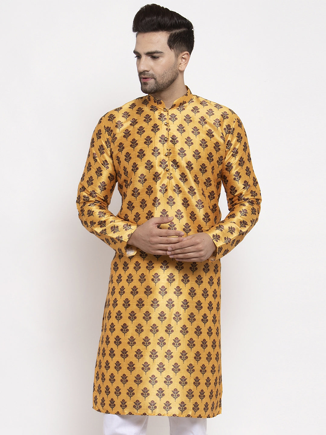Men's Yellow Printed Kurta Only ( KO 624 Yellow ) - Virat Fashions