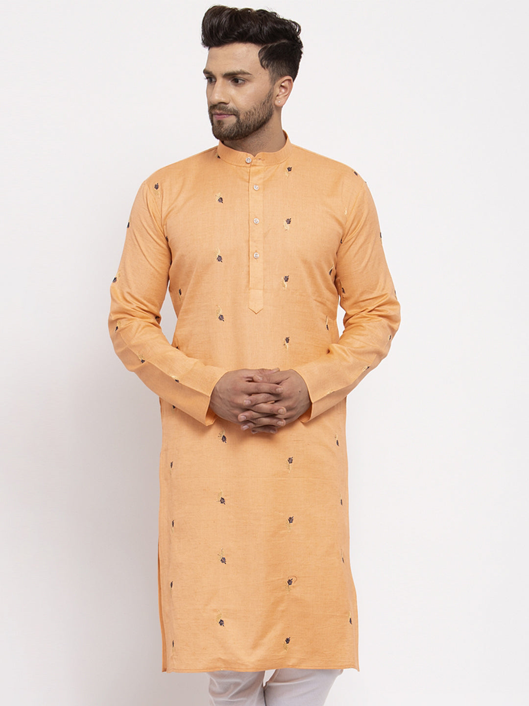 Men's Orange Printed Cotton Kurta Only ( KO 635 Orange ) - Virat Fashions