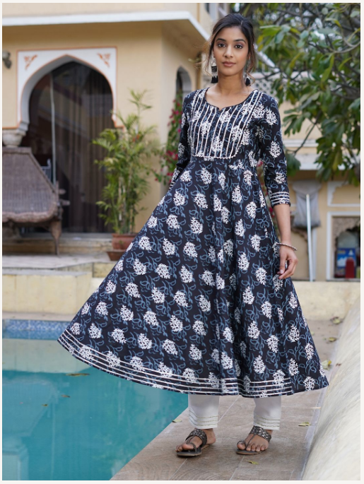 Women's Black Cotton Kurta Set - Jaitpuriya Fashion