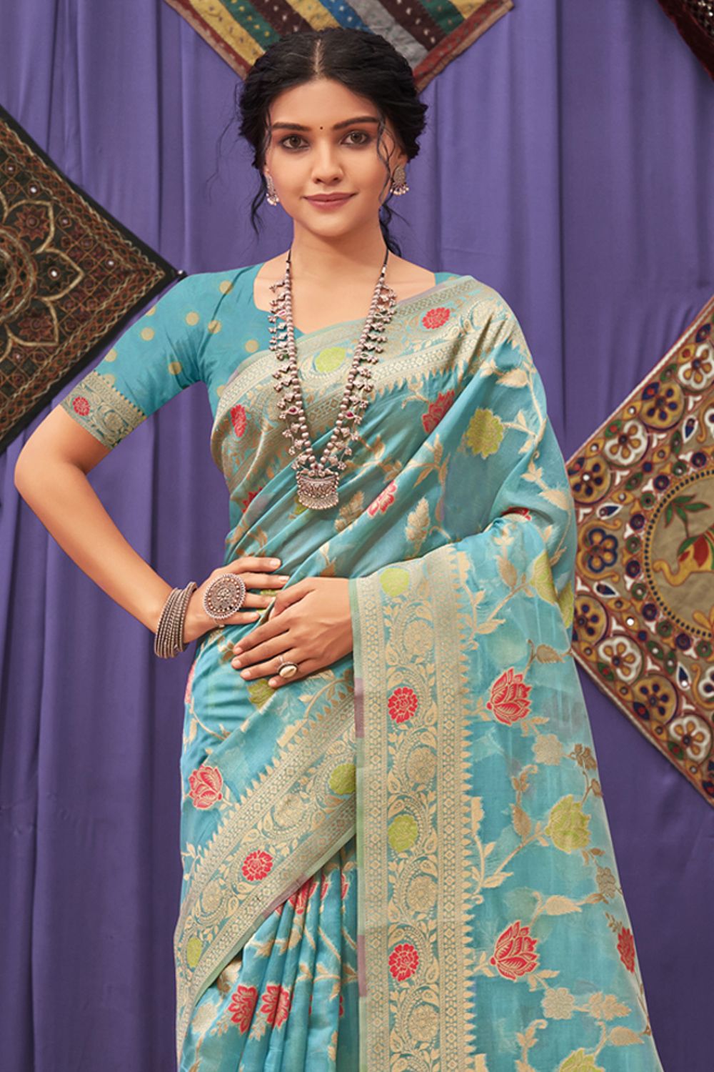 Women's Sky Blue Organza Woven Zari Work Traditional Tassle Saree - Sangam Prints