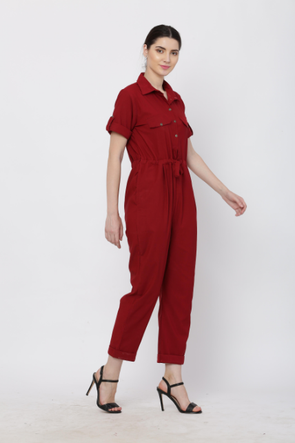 Women's Maroon Solid Poly Laycra Collar Jumpsuit With Belt - Vaaba