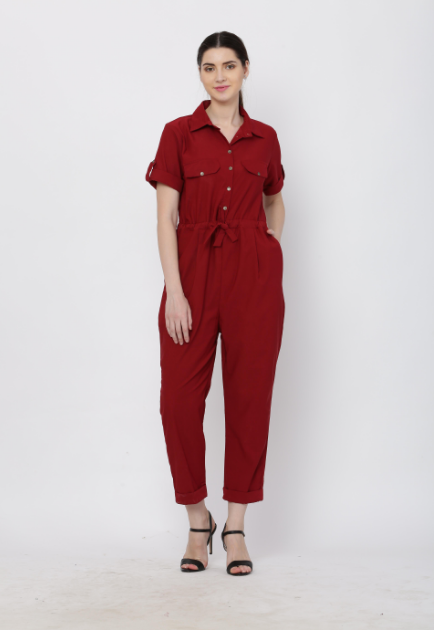 Women's Maroon Solid Poly Laycra Collar Jumpsuit With Belt - Vaaba