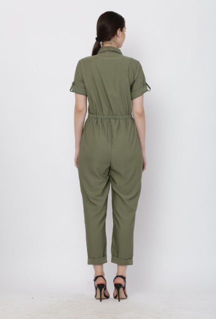 Women's Olive Solid Poly Laycra Collar Jumpsuit With Belt - Vaaba