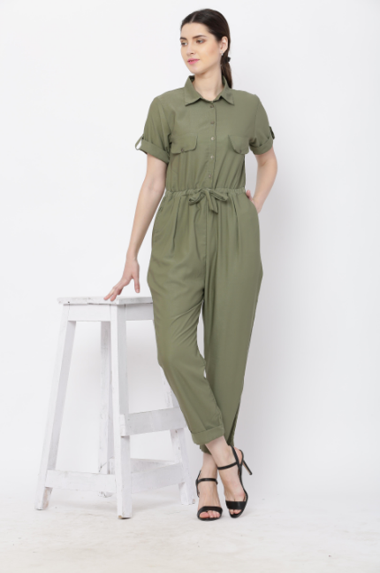 Women's Olive Solid Poly Laycra Collar Jumpsuit With Belt - Vaaba