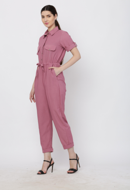 Women's Pink Solid Poly Laycra Collar Jumpsuit With Belt - Vaaba