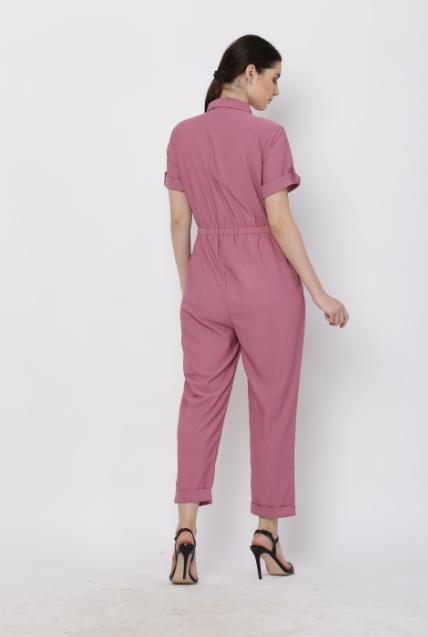 Women's Pink Solid Poly Laycra Collar Jumpsuit With Belt - Vaaba
