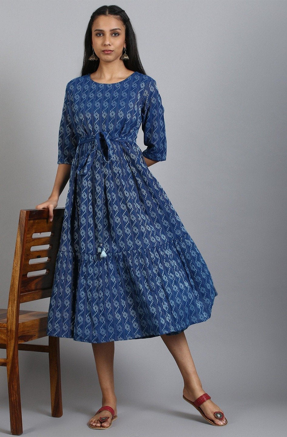 Women's Blue Cotton Western Dress-Janasya
