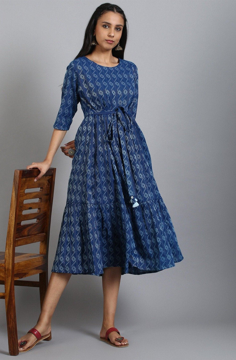 Blue Cotton Woven Design Flared Western Dress