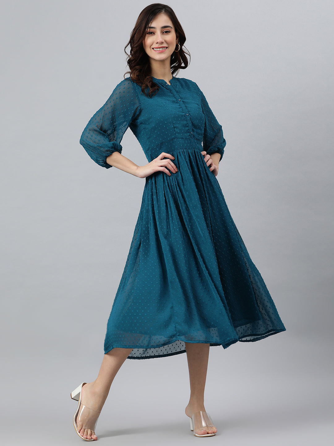 Women's Self Design Teal Poly Chiffon Dress - Janasya