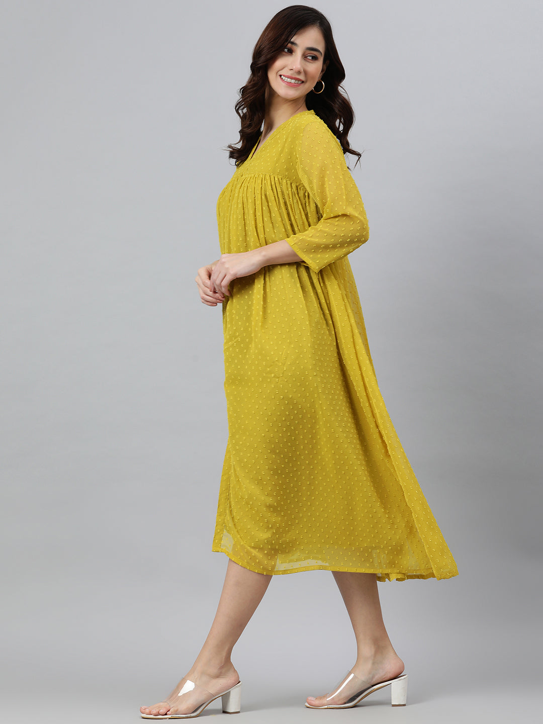 Women's Self Design Mustard Poly Chiffon Dress - Janasya USA