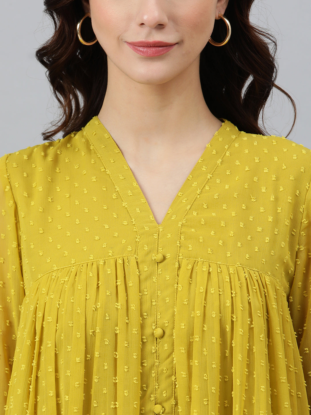 Women's Self Design Mustard Poly Chiffon Dress - Janasya USA
